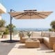 10 FT aluminum pole cantilever umbrella with a brown canopy, providing shade for a patio sofa set in a sunny outdoor.