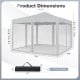 10 FT x 10 FT pop-up canopy tent with mesh netting, beige color, showing dimensions and carrying bag for easy transport.