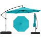 Turquoise 10 feet offset hanging umbrella with base, featuring tilt and 360° rotation for versatile sun protection.