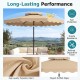 10-foot beige patio umbrella features a push-button tilt, crank handle, and ruffled edges for elegant outdoor shade.