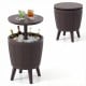Brown 10-gallon beer and wine cooler with lift-top, drainage plug, and dual function as a side table for outdoor use.