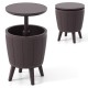 Brown 10-gallon beer and wine cooler with lift-top, featuring a drainage plug, ideal for patio and poolside use.