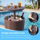 Brown 10-gallon beer and wine cooler with lift-top, shown at poolside, doubles as a cocktail table for outdoor use.