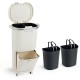 Beige 10-gallon kitchen trash can with dual 3.2-gallon buckets and tilting compartment, featuring a push-top lid and.
