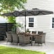 10-piece patio wicker dining set featuring a large double-sided umbrella, perfect for outdoor gatherings.
