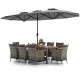 10-piece gray patio wicker dining set with acacia wood tabletop and large double-sided umbrella for outdoor gatherings.