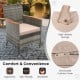 Gray wicker dining chair with soft padded cushion and acacia wood armrests, ideal for outdoor patio comfort.