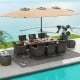10-piece patio wicker dining set with acacia wood tabletop and large double-sided umbrella, perfect for outdoor.