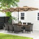 10-piece patio wicker dining set featuring a 15-foot double-sided umbrella, ideal for outdoor family gatherings.
