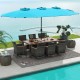 10-piece patio wicker dining set featuring a turquoise double-sided umbrella, ideal for outdoor gatherings by the pool.