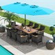 10-piece patio wicker dining set with turquoise umbrella, featuring acacia wood tabletop and comfortable padded chairs.