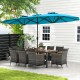 10-piece patio wicker dining set with turquoise double-sided umbrella, featuring acacia wood tabletop and comfortable.