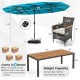 15-foot double-sided turquoise patio umbrella with wicker dining set, featuring acacia wood tabletop and 6 chairs for.