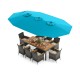 Patio dining set featuring a turquoise double-sided umbrella, acacia wood tabletop, and six wicker chairs for outdoor.
