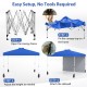Pop-up canopy tent setup steps showing blue canopy, frame adjustment, and sidewall attachment for easy outdoor use.