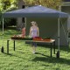 Pop-up 10x10 ft gray canopy tent with sidewall, set up for outdoor use, featuring a sturdy frame and sun protection.