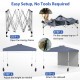Pop-up canopy tent setup steps showing frame opening, canopy attachment, height adjustment, and sidewall installation.