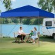 Blue 10x10 feet pop-up canopy tent set up by a lake, ideal for outdoor activities and providing UPF50+ sun protection.