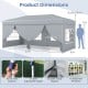 Dimensions of the 10 x 20 feet gray pop-up canopy tent with 6 sidewalls, showcasing adjustable height and zippered.