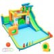 Colorful 10-in-1 inflatable bounce house with water slide, climbing wall, and basketball hoop for outdoor summer fun.