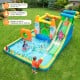 Inflatable bounce house with water slide features a climbing wall, splash pool, and basketball hoop for kids' outdoor fun.