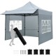 Pop up canopy tent with sidewalls and awning, gray, ideal for parties and picnics, featuring detachable components.