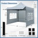 10 x 10 FT gray pop-up canopy tent with sidewalls, detachable awning, and dimensions for outdoor events and parties.