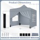 10 x 10 FT gray pop-up canopy tent with 4 removable sidewalls, dimensions, and included accessories for outdoor events.