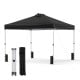 Black 10 x 10 feet outdoor pop-up canopy tent with sturdy steel frame, adjustable height, and wheeled carrying bag.