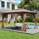 Patio gazebo with double roof in coffee color, featuring mesh netting and privacy curtains, ideal for outdoor.