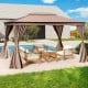 Patio gazebo with double roof, mesh netting, and privacy curtains, ideal for outdoor relaxation by the pool.