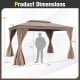 Dimensions of the 10 x 13 feet patio gazebo with double roof, mesh netting, and privacy curtains in coffee color.