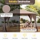 Double-roof patio gazebo with coffee polyester canopy, featuring water leakage holes and mesh netting for ventilation.