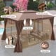 Patio gazebo with double roof, mesh netting, and privacy curtains, featuring loop straps and zippers for easy access.