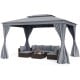 Patio gazebo with double roof, gray curtains, and mesh netting, ideal for outdoor relaxation and ventilation.
