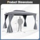 Patio gazebo dimensions showing 10 x 13 feet size with double roof, mesh netting, and privacy curtains in gray.