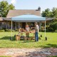 Pop up canopy tent with blue oxford fabric and dual adjustable awnings, ideal for outdoor gatherings and events.