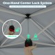 One-hand center lock system for easy setup of the 10 x 17 feet blue pop-up canopy tent with dual adjustable awnings.