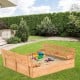 Kids wooden sandbox with foldable bench seats, made of fir wood, perfect for 3-4 children to play and dig in the yard.