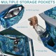 Close-up of storage pockets on a beach chair, featuring cup holders, PEVA ice pack, and zipper storage bag for.