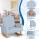 Kids rocking chair in blue with solid wood legs, ergonomic design, and soft linen fabric for comfortable seating.