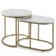 Modern nesting coffee table set of 2 with white MDF tops and gold steel frames, perfect for compact living spaces.