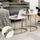 Adjustable foot pad detail of modern nesting coffee table set with white MDF tops and gold steel frames, ensuring.