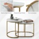 White MDF tabletop close-up of modern nesting coffee table set with gold steel frame, showcasing easy-to-clean surface.