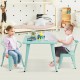 Kids square steel table in blue with two children playing, featuring smooth edges and adjustable feet for stability.