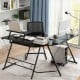 L-shaped black computer desk with removable monitor stand and pull-out keyboard tray, perfect for small office spaces.