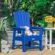 Bright blue kids' Adirondack chair featuring a plush toy, set against a tropical backdrop for outdoor playtime.