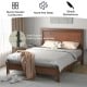 Full size platform slat bed frame in walnut with high headboard, featuring solid rubber wood construction for.