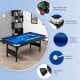 6-foot foldable billiard pool table with blue felt, rubber cushion bumper, and adjustable feet for stable gameplay.