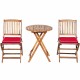 Folding wooden bistro set with cushioned red chairs and round table, made of solid acacia wood for outdoor use.